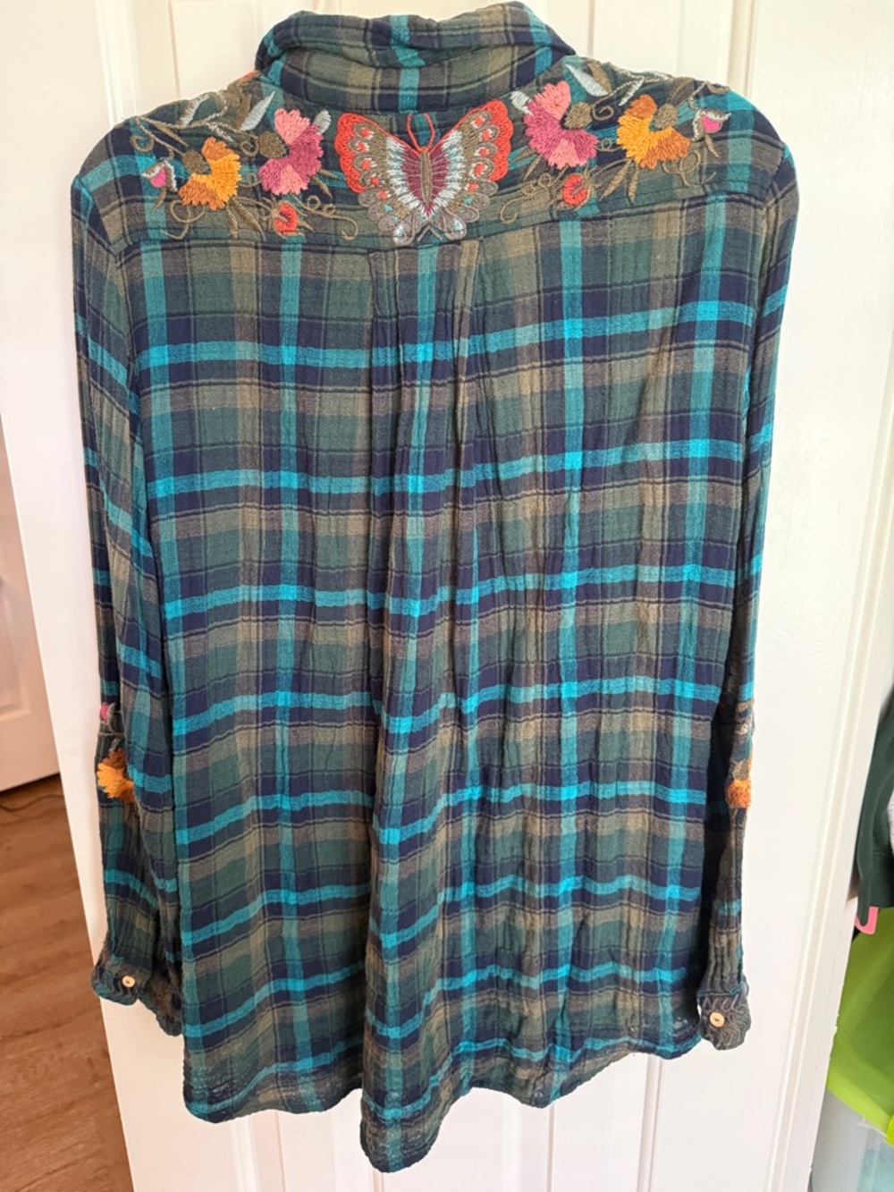 Johnny Was Green & Teal Plaid Embroidered Button-Down Shirt - Picture 2 of 3